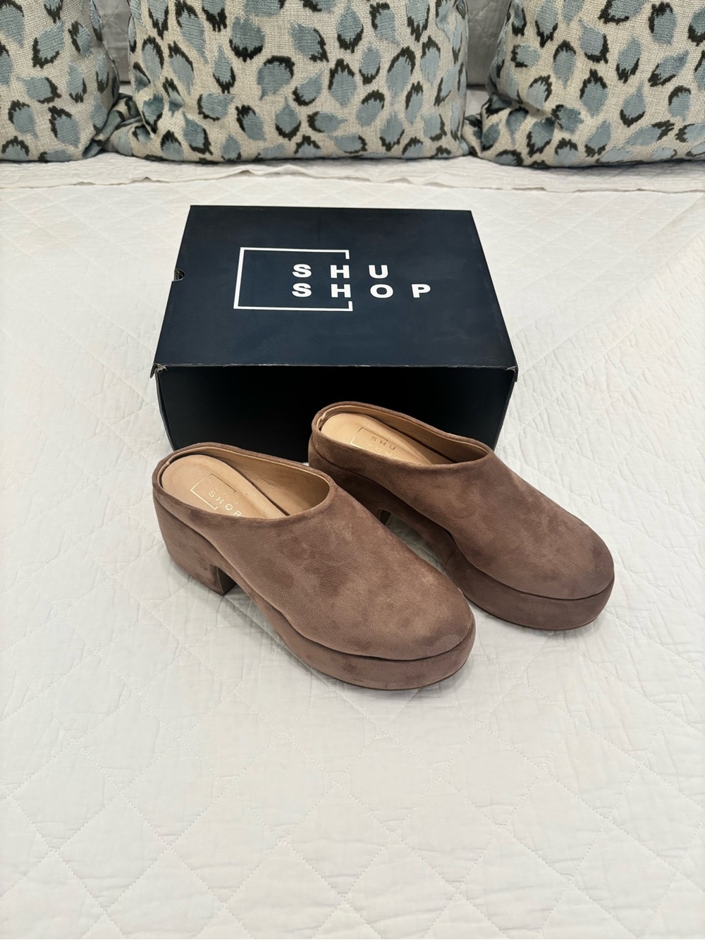ShuShop Taupe Suede Platform Clog Mules